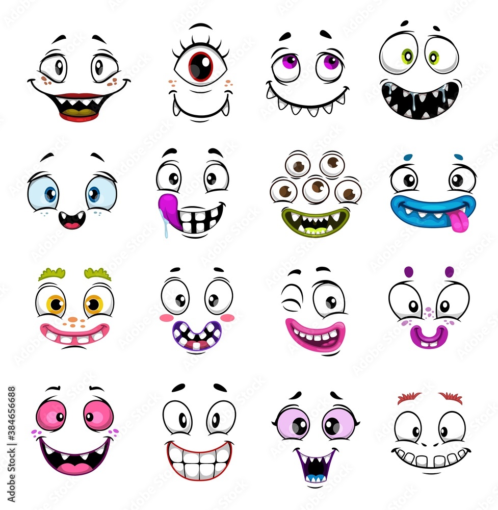 Cute monster faces cartoon design with vector Halloween emoticons and emojis. Funny demon, zombie or vampire, happy alien, cyclop and troll, gremlin and ghost with crazy smiles and eyes, comic smileys