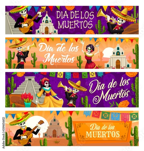 Dia de los Muertos skeleton vector banners of Mexican Day of the Dead holiday. Catrina Calavera and mariachi skulls with sombrero hats, guitars and trumpets, papel picado flags, cactuses and marigolds