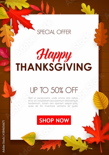 Happy Thanksgiving vector sale poster, special offer shopping promo with autumn leaves on wooden background. Store, mall and market online promotion with cartoon fallen leaf of oak, birch and maple