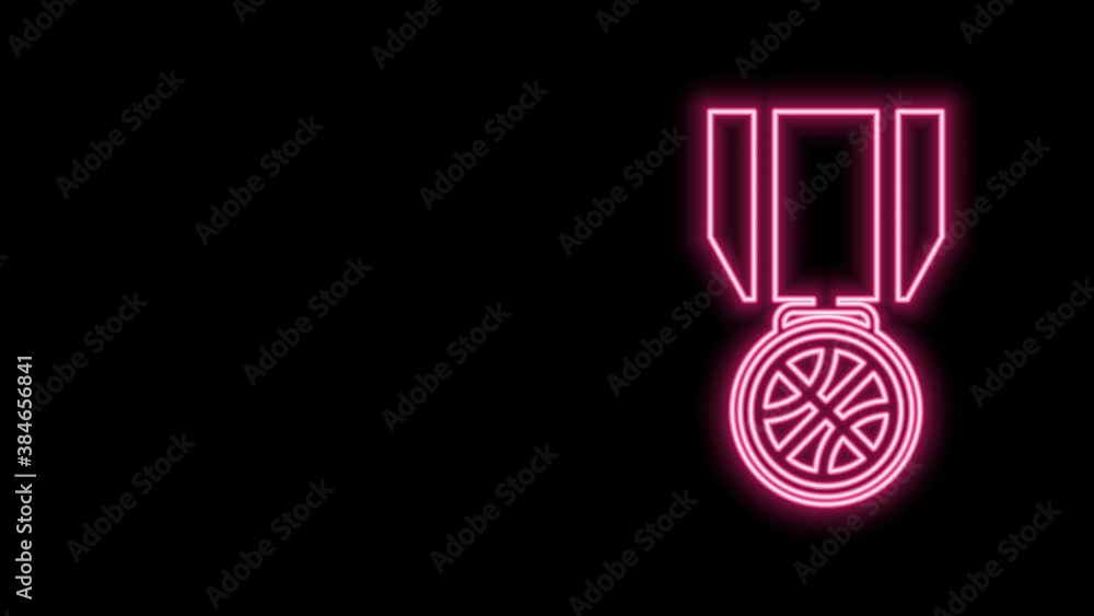 Glowing neon line Basketball medal with ribbon icon isolated on black background. 4K Video motion graphic animation Glowing neon line Basketball medal with ribbon icon isolated on black background. 4K Video motion graphic animation