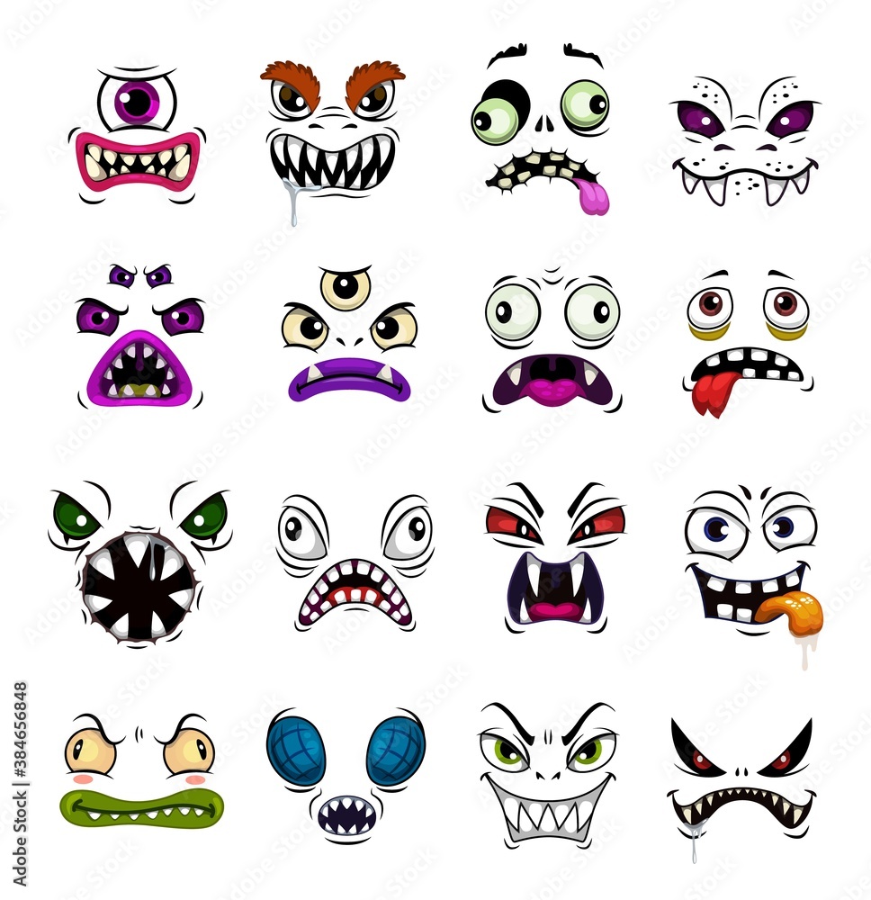 Monster face funny emoticons cartoon vector. Horror emojis of Halloween zombie, demon or ghost, devil, vampire or beast with different emotions, scary avatars with open mouth and evil eyes