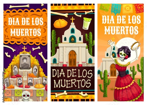 Day of the Dead or Dia de los Muertos vector banners of Mexican fiesta holiday. Catrina skeleton, sugar skull, bread and tequila on altar, church, cactuses and candles, marigold and papel picado flags photo