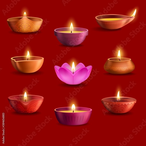 Diwali diya lamps vector set of Deepavali Indian light festival and Hindu religion holiday design. Oil lamps with burning fire flames, clay cups with rangoli pattern of paisley flowers, floral petals