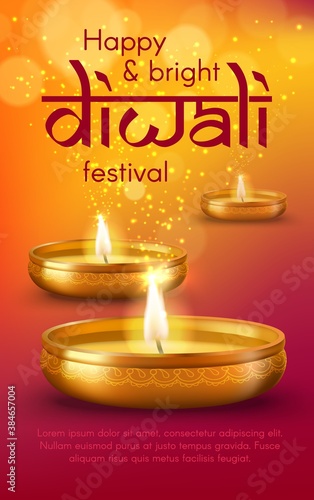 Diya lamps of Diwali or Deepavali Indian festival of lights vector design of Hindu religion holiday. Gold lamps or lanterns with oil, burning candle wicks and sparkles, decorated with rangoli pattern