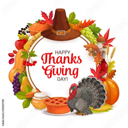 Happy Thanks Giving day vector round frame. Autumn holiday greeting card with crop, pumpkin, turkey, hat or fallen leaves with berries. Fall holidays congratulation, maple, oak, birch or rowan foliage