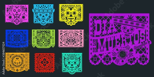 Papel picado, Mexican paper banners and pecked flags, vector. Mexico fiesta decoration papel picado traditional design for day of dead Dia de Muertos, paper cut skull in sombrero and flowers ornament photo