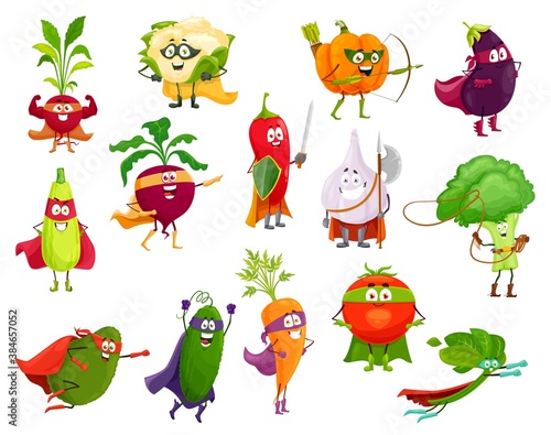 Vegetables super heroes, vector broccoli, squash and avocado, cauliflower and beetroot. Eggplant, chili pepper and pumpkin, spinach, carrot and tomato with cucumber, garlic and radish cartoon veggies