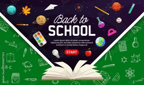 Back to school chalkboard sketch web banner or landing page. School stationery, exercise book and mathematical formulas, science laboratory tools and solar system planets in space cartoon vector