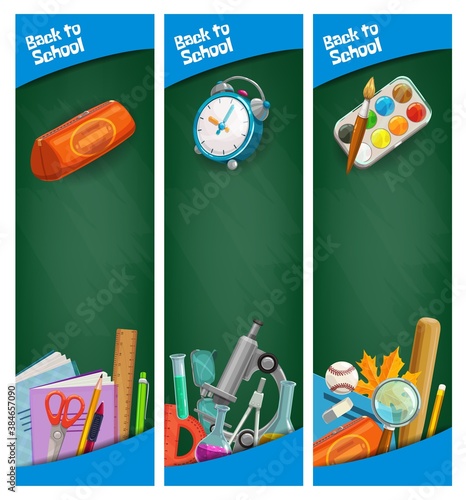 Back to school education banners, vector green chalkboards with pupil stationery and typography. Blackboards with school learning stuff. Student tools, sport ball and microscope, alarm clock or paints