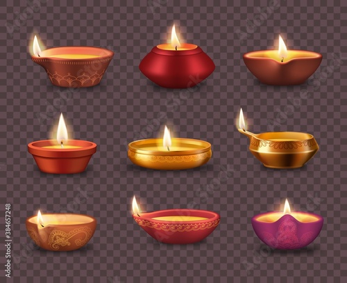 Diwali diya lamps on transparent background realistic vector set of Deepavali or Divali light festival. Indian Hindu religion oil lamps or lanterns with burning candle wicks and rangoli decoration