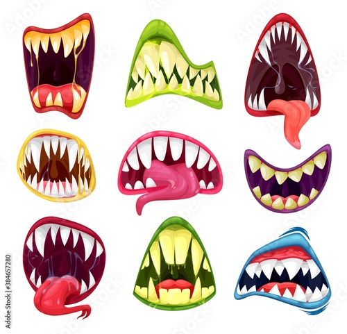Monster mouths cartoon set of vector Halloween horror holiday. Scary teeth and tongues in mouth of creepy alien beast, devil or zombie, spooky smiles of dracula vampire, werewolf or demon