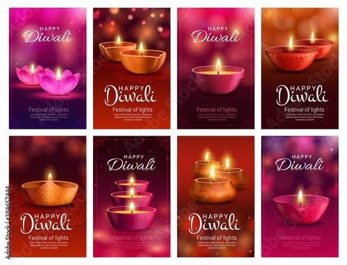 Diwali or Deepavali diya lamp vector banners of Indian light festival and Hindu religion holiday greeting cards. Deepawali oil lamps, decorated with rangoli pattern, paisley flowers and bokeh lights