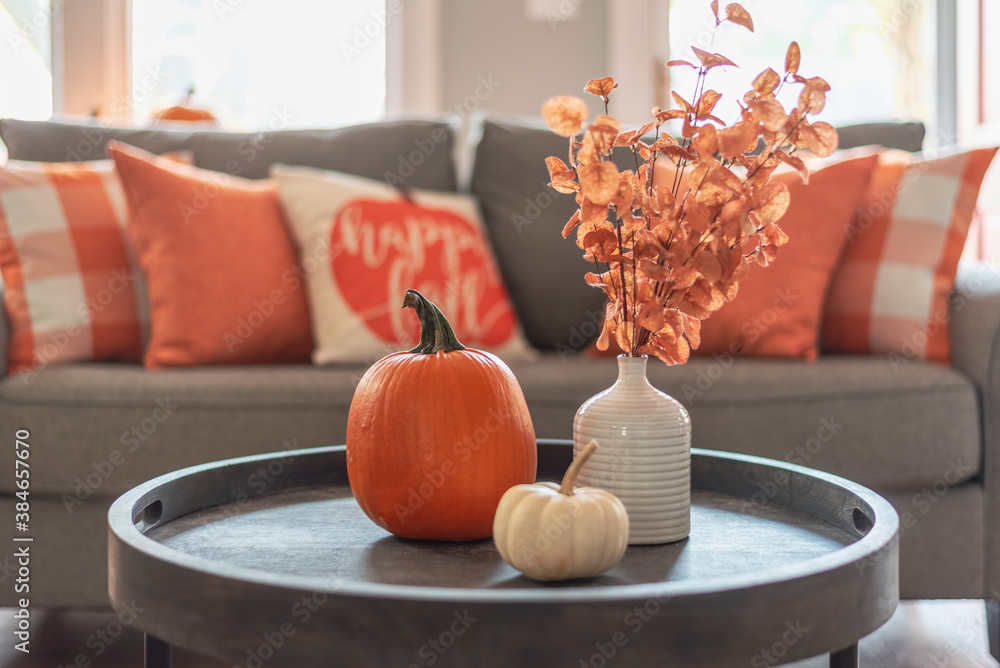 Fall home decor in gray and orange tones - obrazy, fototapety, plakaty 