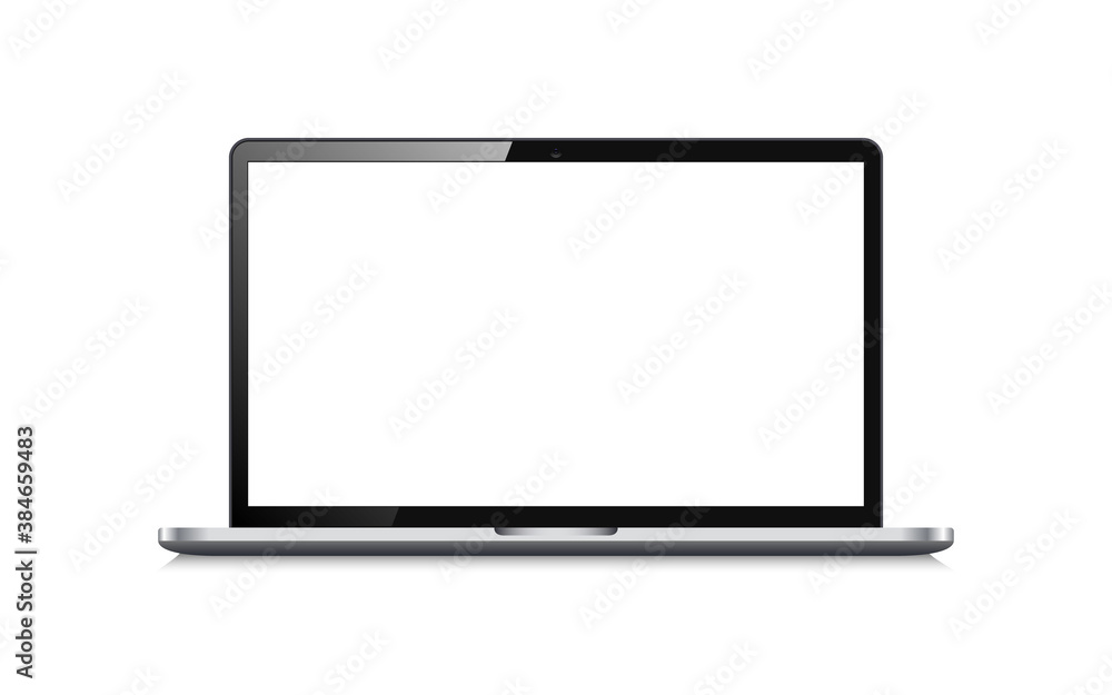 Laptop realistic mockup on white backdrop. Remote work concept. Notebook with white screen. Computer with empty display. Mobile device for distance education. Vector illustration Laptop realistic mockup on white backdrop. Remote work concept. Notebook with white screen. Computer with empty display. Mobile device for distance education. Vector illustration