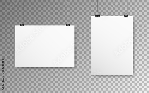 Poster mockup on transparent backdrop. White paper with soft shadow. Empty A4 hanging on a wall. Realistic template on a rope. Horizontal and vertical banner. Vector illustration