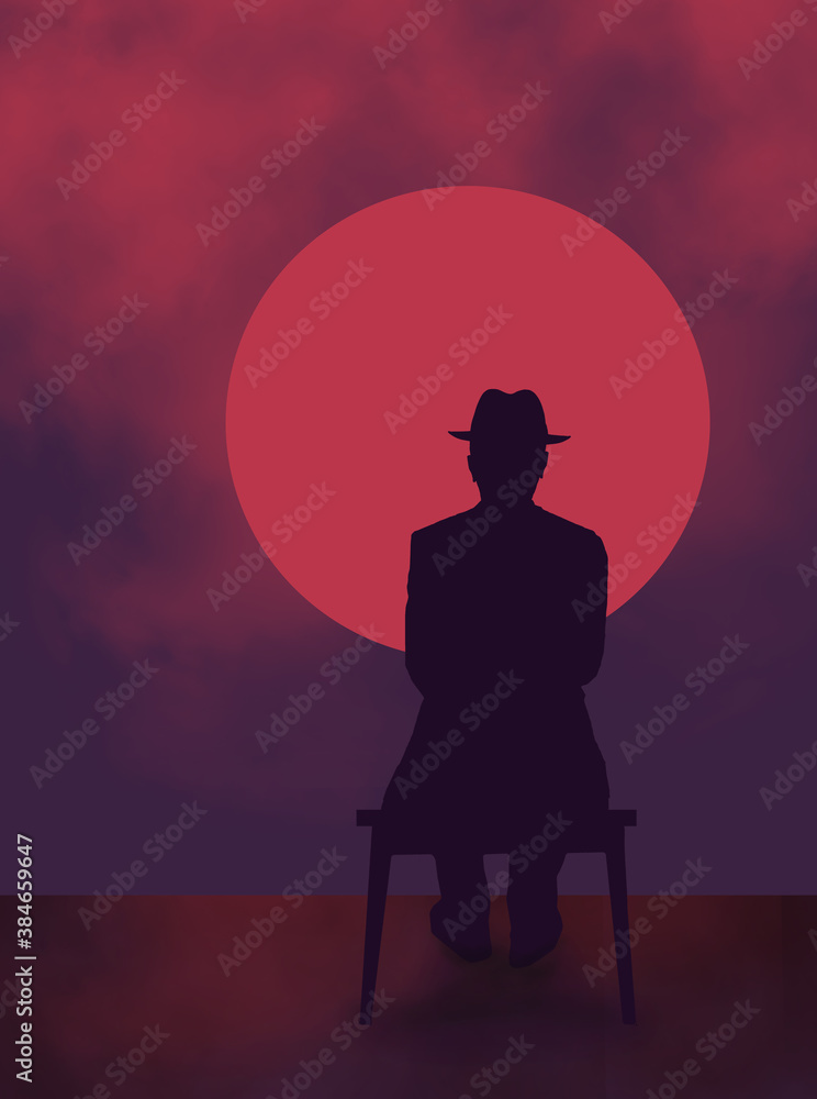An old man in a fedora hat sits on a bench watching a red and purple sunset. The theme is retirement years and aging..
