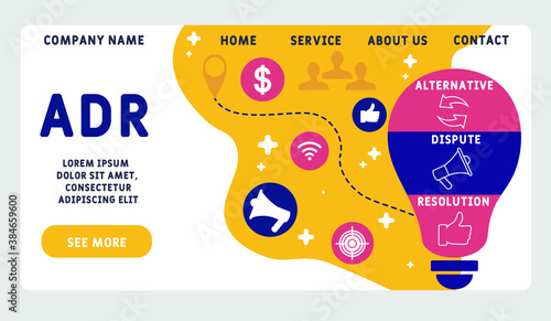 Vector website design template . ADR - Alternative Dispute Resolution     acronym, business concept. illustration for website banner, marketing materials, business presentation, online advertising.
