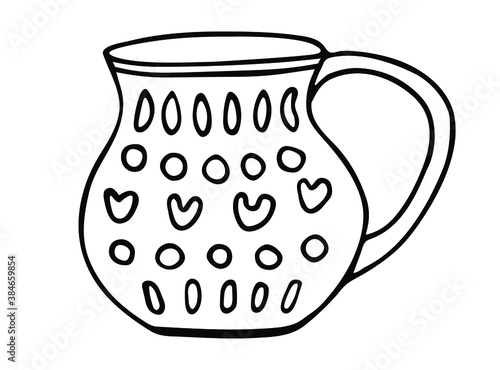 Hand drawn porcelain cup with pattern. Sketch drawing of ceramic mug. Doodle black on white vector illustration.