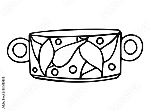 Hand drawn porcelain cup with pattern. Sketch drawing of ceramic mug. Doodle black on white vector illustration.