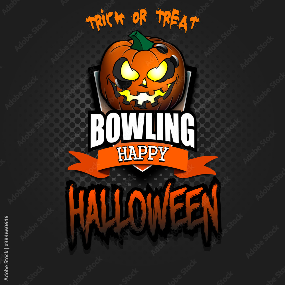 Happy Halloween. Template bowling design. Logo bowling ball in the form of a pumpkin on an isolated background. Pattern for banner, poster, greeting card, flyer, party invitation. Vector illustration