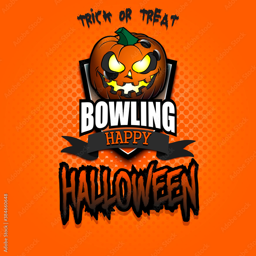 Happy Halloween. Template bowling design. Logo bowling ball in the form of a pumpkin on an isolated background. Pattern for banner, poster, greeting card, flyer, party invitation. Vector illustration