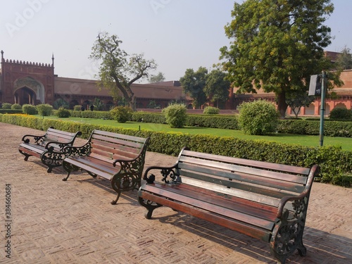 Benches set out inside the Red Fort in Agra, India.