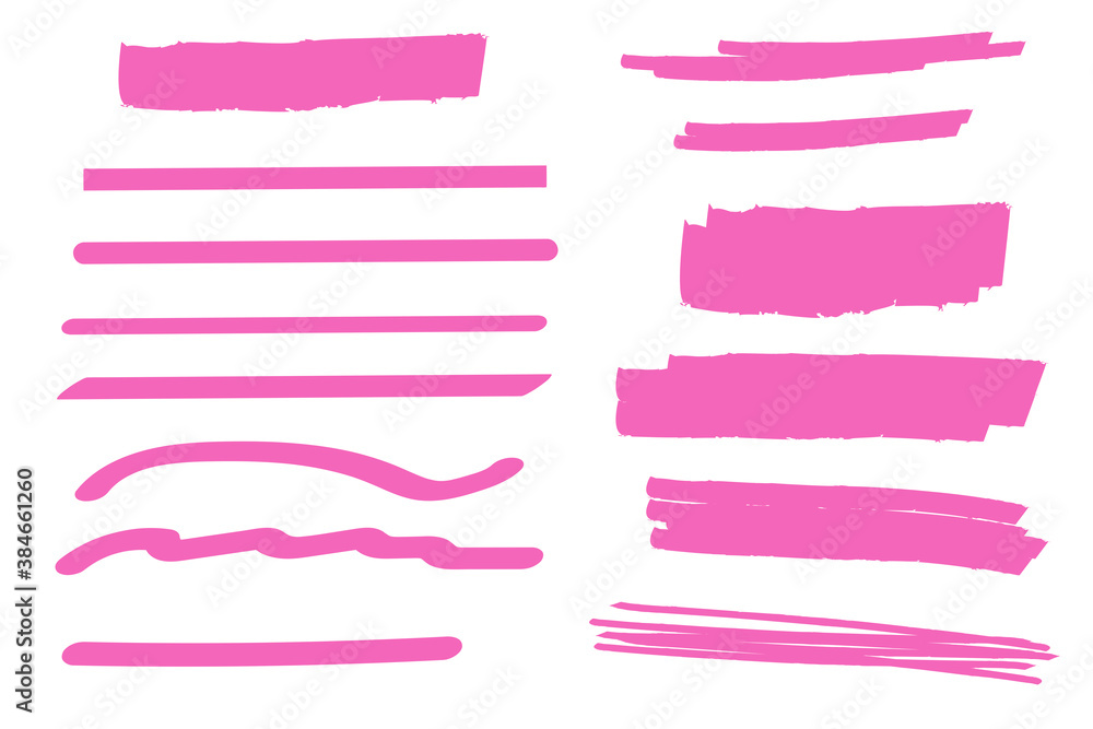 Pink brush marker lines. Stroke highlighted stripes. Vector illustration. Stock image.