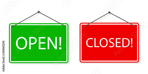 The sign on the door is open and closed. Shop icon. Free and limited access. Vector illustration. Stock image.