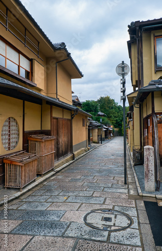 The Gion street surrounded by the typical Kyoto machiya buildings. Higashiyama. Kyoto. Japan