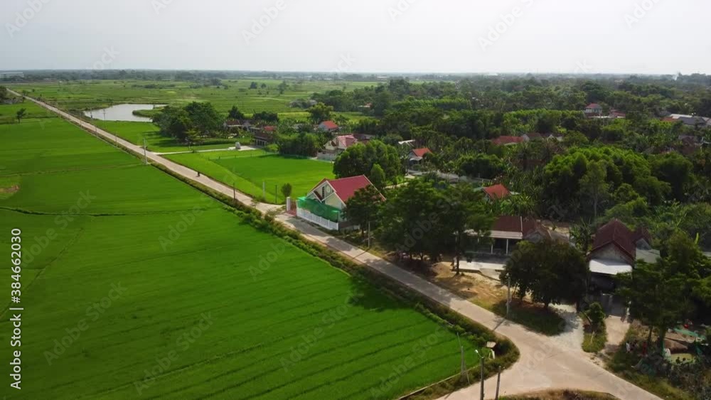 Drone fly over countryside village with road, paddy fields and vegetable farm. Drone fly over countryside village with road, paddy fields and vegetable farm.