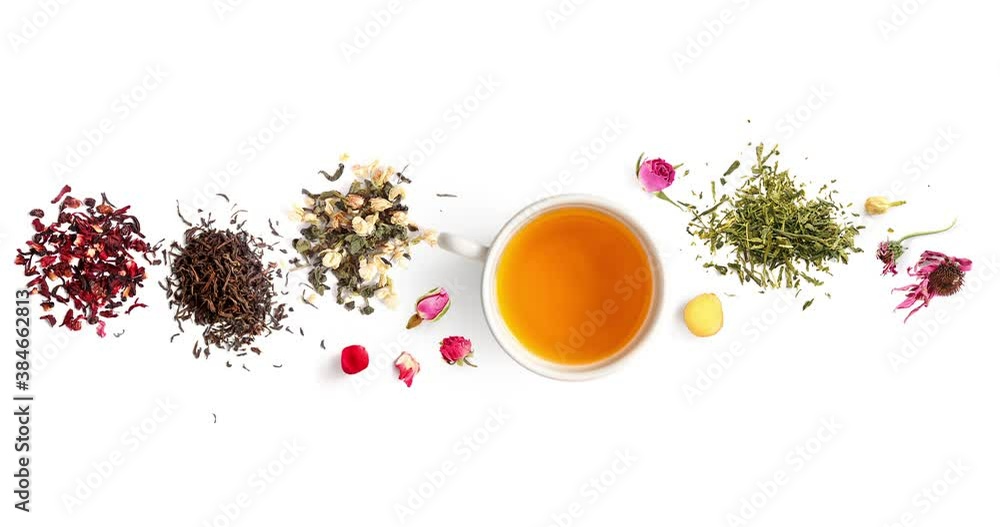 Creative animation made of cup of tea, green tea, black tea, fruit and herbal, tea, turmeric, ginger on white background.Flat lay. Food concept. Creative animation made of cup of tea, green tea, black tea, fruit and herbal, tea, turmeric, ginger on white background.Flat lay. Food concept.