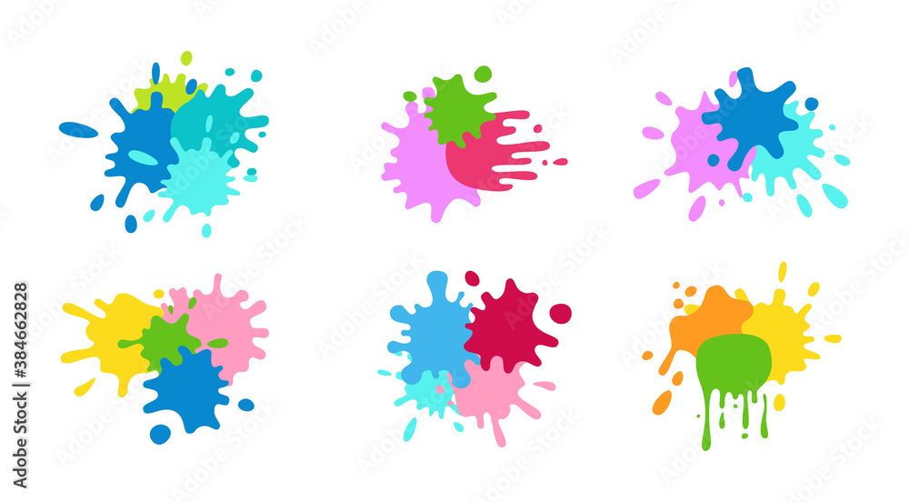 Group paint splash shape colorful set. Round ink flat splatter, decorative shapes liquids. Grunge splashes, drops, spatters cartoon style. Stain colored collection. Holi spring festival vector
