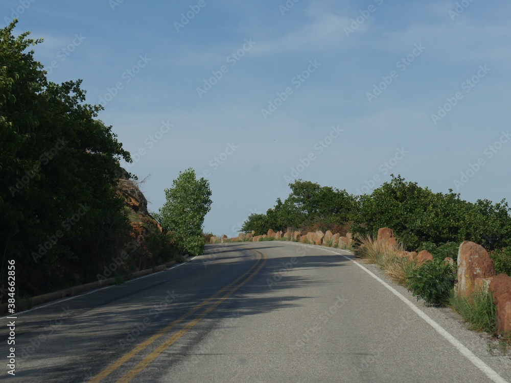 Paved winding road to the peak of Mt. Scott at the Wichita Mountains in Oklahoma.