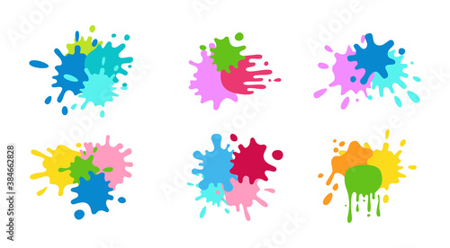 Group paint splash shape colorful set. Round ink flat splatter, decorative shapes liquids. Grunge splashes, drops, spatters cartoon style. Stain colored collection. Holi spring festival vector