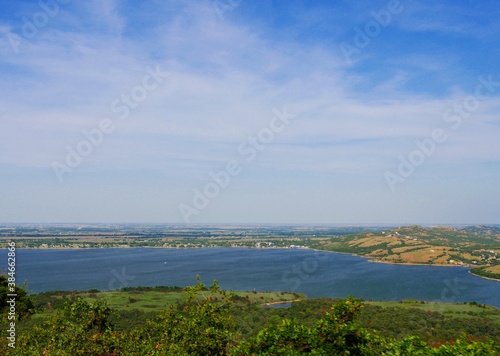 Aerial wide view of Lake Lawtonka seen from peak of Mt. Scott, Oklahoma, USA.