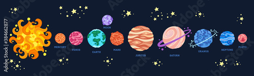 Planets row in space. Cartoon solar system in dark background. Astronomical observatory. Sun moon mercury venus earth mars jupiter saturn neptun. Astronomy galaxy space. Vector flat illustration