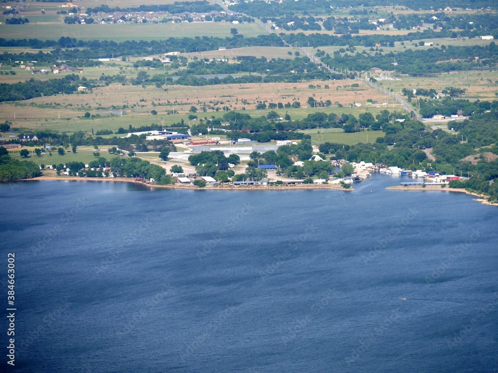 Aerial view of Lake Lawtonka with Medicine Park in the background, seen from peak of Mt. Scott, Oklahoma, USA.