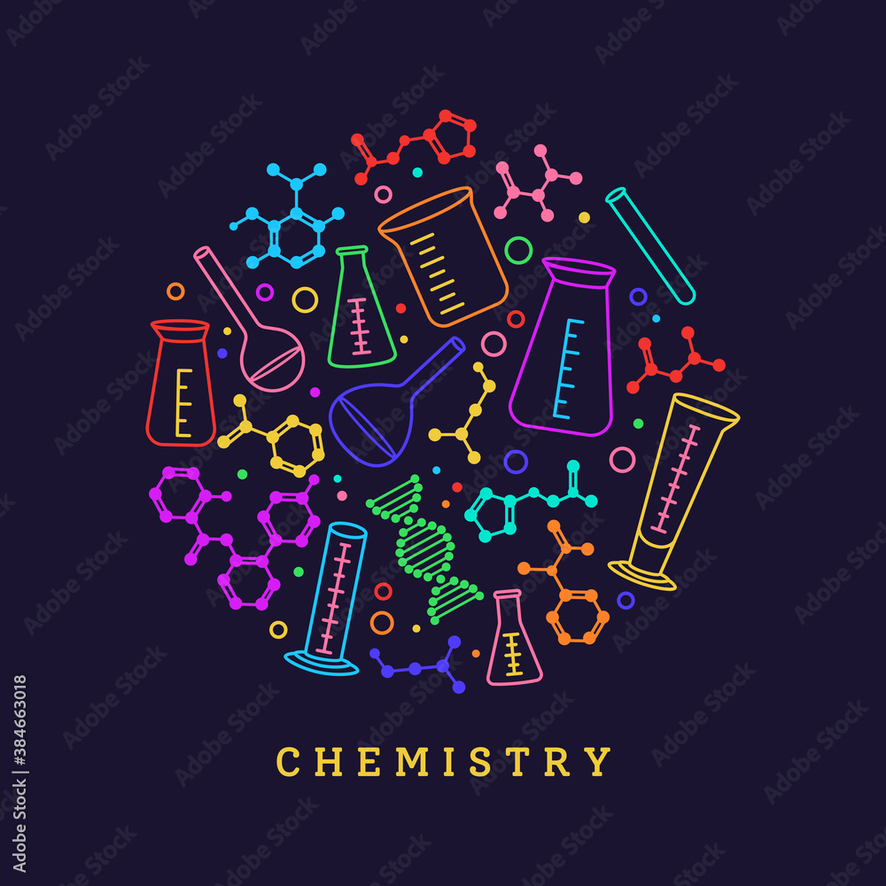 Flask, beaker and structure chemical atom. Laboratory equipment doodle
