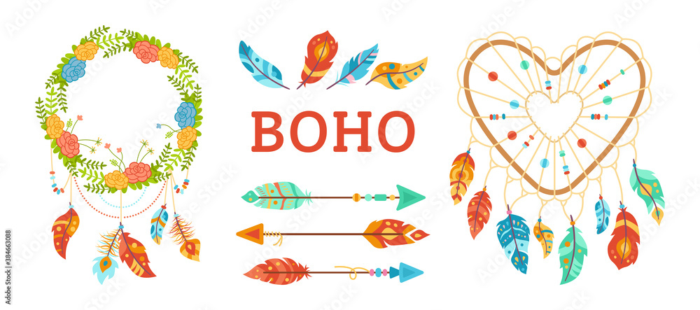 Boho style design elements set. Dreamcatcher with feathers, arrow, floral wreath. Colorful ethnic talisman vector collection. Bohemian style, indian, hipster, tribal symbols american