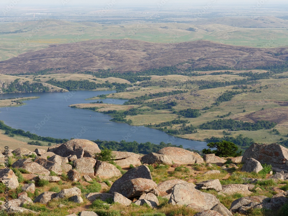 Aerial view of Lake Lawtonka, seen from the peak of Mt Scott, Oklahoma, USA. Aerial view of Lake Lawtonka, seen from the peak of Mt Scott, Oklahoma, USA.