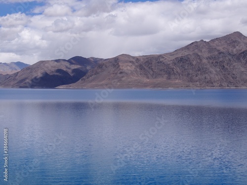 Beautiful lake and magnificent blue skies and mountains, Pangong tso (Lake), Durbuk, Leh, Ladakh, Jammu and Kashmir, India