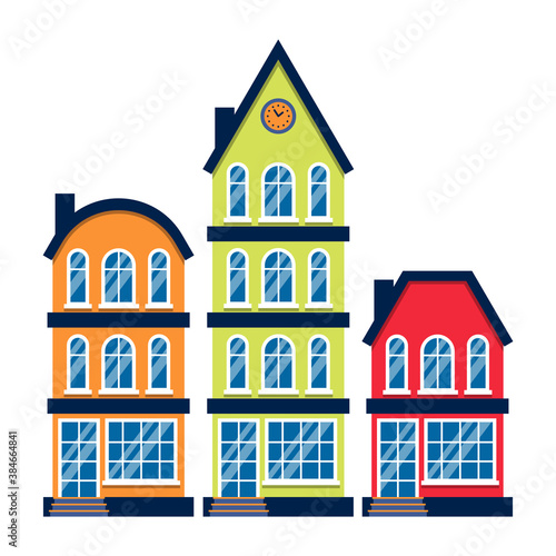 Three cartoon houses colorful architecture Amsterdam. Closeup graphic icon townhouse, european style. Flat urban building tall town and suburban home cottage. Isolated on white vector illustration