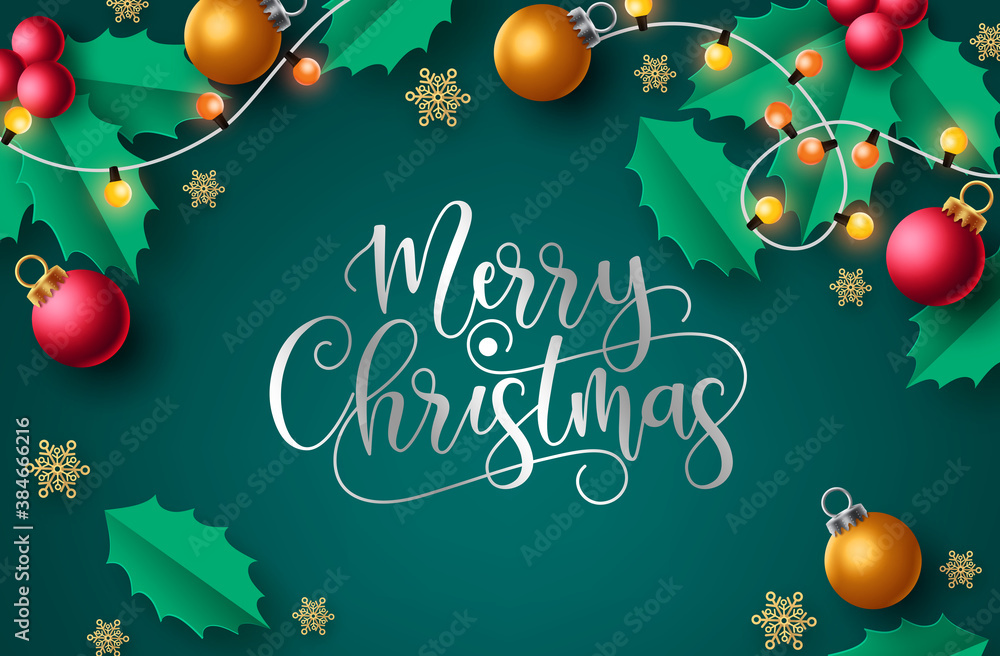 Merry christmas vector background design. Merry christmas greeting text in green background with xmas elements like xmas light, balls and snowflakes for holiday season celebration. Vector Merry christmas vector background design. Merry christmas greeting text in green background with xmas elements like xmas light, balls and snowflakes for holiday season celebration. Vector