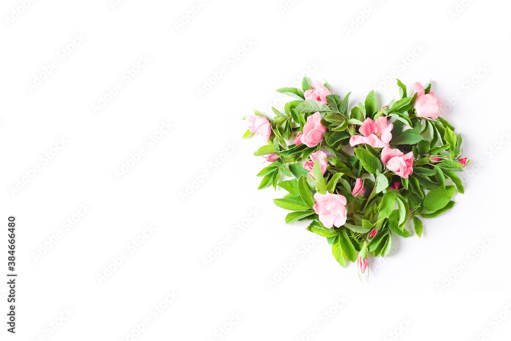 heart shape made from fresh flowers and rose leaves. minimalistic floral composition on white background. flat lay, copy space heart shape made from fresh flowers and rose leaves. minimalistic floral composition on white background. flat lay, copy space