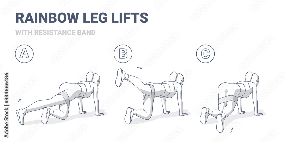 Rainbow Legs Lifts with Resistance Band Woman Home Workout Exercise Guidance Illustration Concept.
