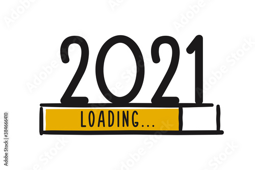 Doodle new year download screen. Progress bar almost reaching new year's eve. Vector illustration with 2021 loading