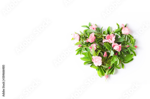 heart shape made from fresh flowers and rose leaves. minimalistic floral composition on white background. flat lay, copy space
