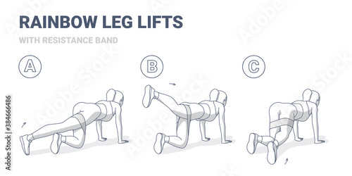 Rainbow Legs Lifts with Resistance Band Woman Home Workout Exercise Guidance Illustration Concept.