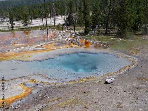 Close downward shot of Celestine Pool at Lower Geyser Basin, with clear skies at Yellowstone National Park, Wyoming.