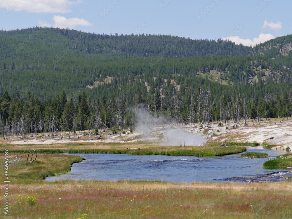 Wide scenic view of the Upper Geyser Basin view with steam rising from geysers at Yellowstone National Park, Wyoming.